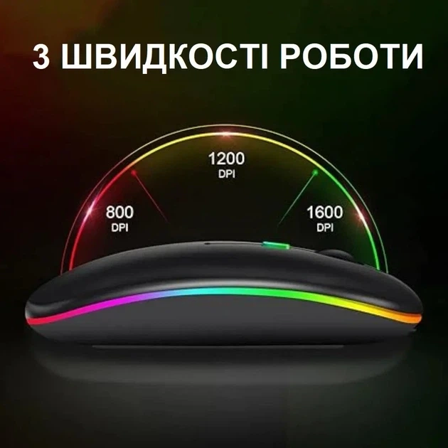 Бездротова акумуляторна RGB мишка беспроводная Black, Bluetooth 5.1 WiFi 2.4 DPI 800/1200/1600, перезаряджається - зображення 4