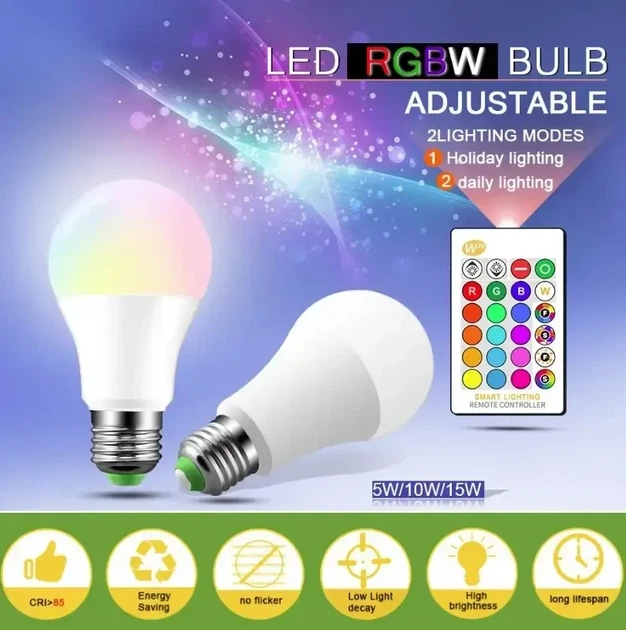 Лампа різнокольорова світлодіодна 15 кольорів з пультом керування Е27 10 W RGB LED - зображення 5