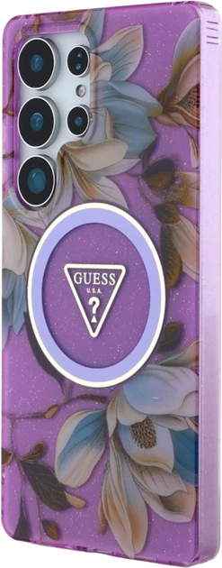 Etui Guess Glitter Flowers Triangle Buttons MagSafe do Samsung Galaxy S25 Ultra Purple (GUHMS25LHFLPEDU) - obraz 2