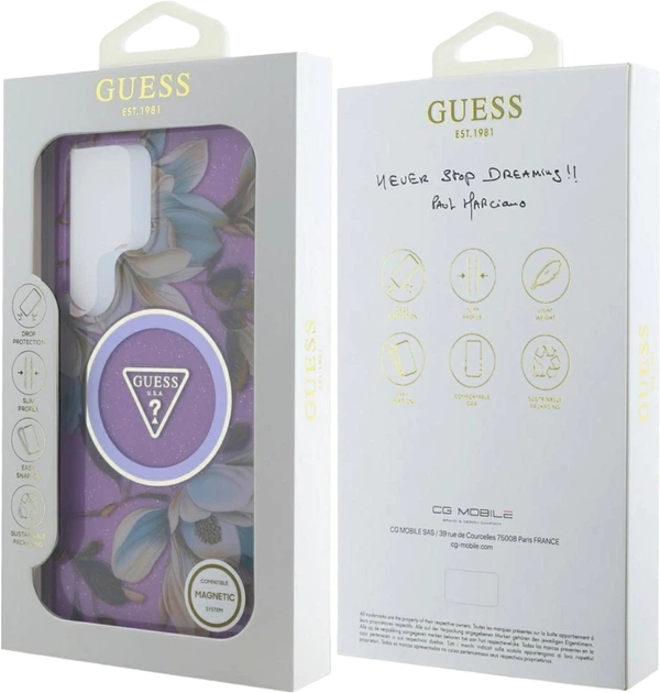 Etui Guess Glitter Flowers Triangle Buttons MagSafe do Samsung Galaxy S25 Ultra Purple (GUHMS25LHFLPEDU) - obraz 8