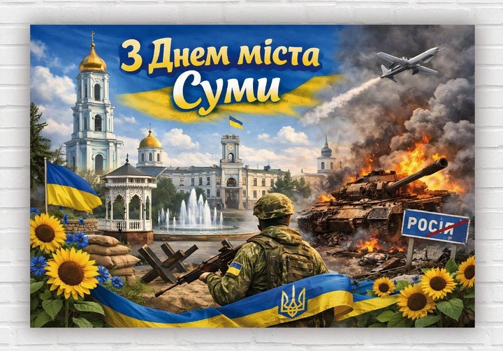 Паперовий плакат "З Днем міста - Суми" 110х75 см - Фото 1 Паперовий плакат "З Днем міста - Суми" 110х75 см - зображення 1