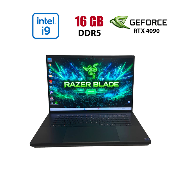 Ігровий ноутбук Б-клас Razer Blade 16 RZ09-0483 / 16" (2560x1600) MiniLED / Intel Core i9-13950HX (24 (32) ядра по 2.2 - 5.5 GHz) / 16 GB DDR5 / 1000 GB SSD NVMe / nVidia GeForce RTX 4090, 16 GB GDDR6, 256-bit / WebCam б/в - Фото 1 Ігровий ноутбук Б-клас Razer Blade 16 RZ09-0483 / 16" (2560x1600) MiniLED / Intel Core i9-13950HX (24 (32) ядра по 2.2 - 5.5 GHz) / 16 GB DDR5 / 1000 GB SSD NVMe / nVidia GeForce RTX 4090, 16 GB GDDR6, 256-bit / WebCam б/в - зображення 1