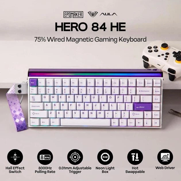 Магнітна ігрова клавіатур AULA HERO 84 HE White-purple - Фото 2 Магнітна ігрова клавіатур AULA HERO 84 HE White-purple - зображення 2