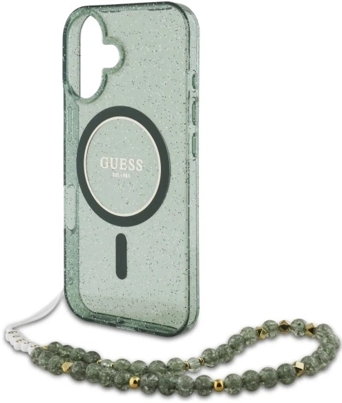 Etui Guess IML Glitter With Pearl Strap MagSafe do Apple iPhone 16 Zielone (3666339298401) - obraz 2
