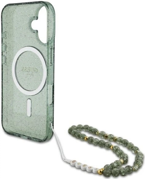 Etui Guess IML Glitter With Pearl Strap MagSafe do Apple iPhone 16 Zielone (3666339298401) - obraz 3