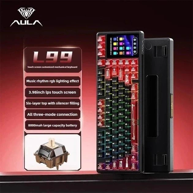 Ігрова Клавіатура AULA L99 Red-Black Бездротова Механічна 2.4G/Bluetooth/USB type-c. З Сенсорним Екраном 3.98 дюйма. Батарея 8000mAh . RGB Підсвічування З Підтримкою HOT-SWAP - Фото 2 Ігрова Клавіатура AULA L99 Red-Black Бездротова Механічна 2.4G/Bluetooth/USB type-c. З Сенсорним Екраном 3.98 дюйма. Батарея 8000mAh . RGB Підсвічування З Підтримкою HOT-SWAP - зображення 2