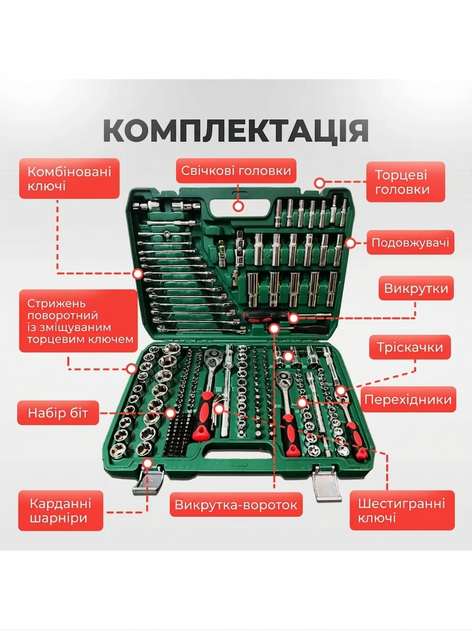 Набор инструментов в кейсе 216 предметов, универсальный, трещотки, головки, ключи, биты В чемодане - Фото 4 Набор инструментов в кейсе 216 предметов, универсальный, трещотки, головки, ключи, биты В чемодане - изображение 4