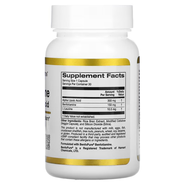 Бенфотиамин с альфа-липоевой кислотой California Gold Nutrition (Benfotiamine+Alpha lipoic acid) 300 мг/150 мг 90 капсул CGN02021 - изображение 2