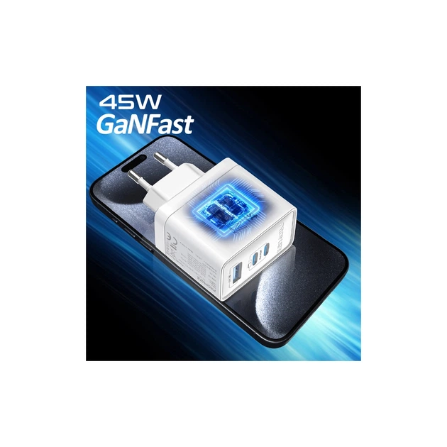 Зарядное устройство Promate powerport-45 2xUSB-C PD + USB-A QC 45W White (powerport-45.white) - изображение 2