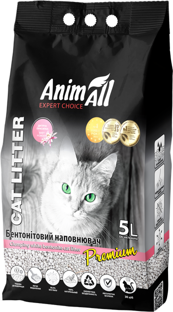 Наполнитель для кошачьего туалета AnimAll Бентонитовый комкующий с ароматом детской пудры 4.2 кг (5 л) Белый (4820224500584) - Фото 2 Наполнитель для кошачьего туалета AnimAll Бентонитовый комкующий с ароматом детской пудры 4.2 кг (5 л) Белый (4820224500584) - изображение 2