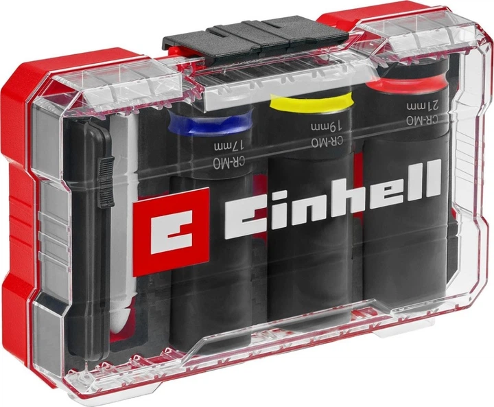 Набір ударних торцевих головок Einhell 80мм 1/2" крейда, вимірювач протектора кейс 3шт - изображение 6
