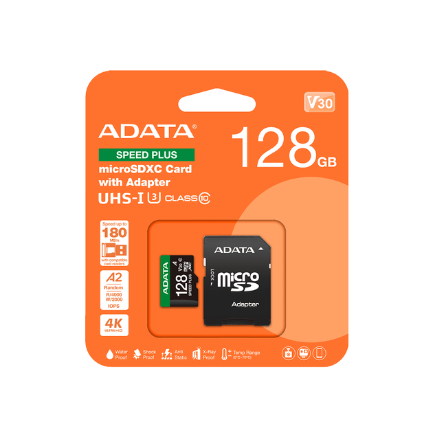 Карта пам'яті microSDXC (UHS-1 U3) A-DATA SPEED PLUS 128Gb Class 10 V30 A2 (R-180Mb/s W160Mb/s) (adapter SD) (UD128GUI3V30A2SP-RA1) - Фото 2 Карта пам'яті microSDXC (UHS-1 U3) A-DATA SPEED PLUS 128Gb Class 10 V30 A2 (R-180Mb/s W160Mb/s) (adapter SD) (UD128GUI3V30A2SP-RA1) - изображение 2