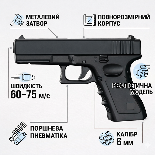 Пистолет Глок Glock 17 металлический с мишенью и 1000 шариков, набор для стрельбы - Фото 3 Пистолет Глок Glock 17 металлический с мишенью и 1000 шариков, набор для стрельбы - изображение 3
