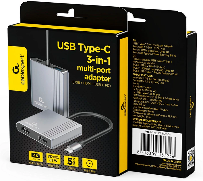 Док станція Cablexpert USB-C 3-в-1 USB/HDMI/PD (A-CM-COMBO3-04) - зображення 5