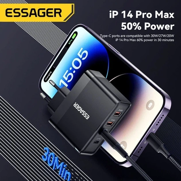 Адаптер блок зарядки Essager до 100W на 4 порти Чорний - Фото 8 Адаптер блок зарядки Essager до 100W на 4 порти Чорний - зображення 8