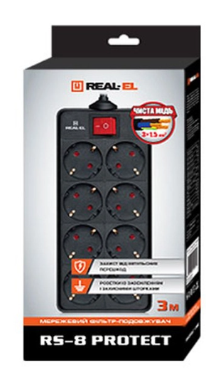 Мережевий фільтр живлення REAL-EL RS-8 PROTECT 3m black (EL122300022) - Фото 4 Мережевий фільтр живлення REAL-EL RS-8 PROTECT 3m black (EL122300022) - зображення 4