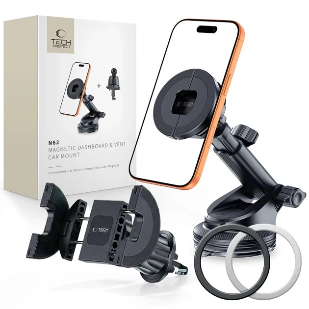 Автодержатель Tech-Protect N62 2in1 Universal & Magnetic Dashboard & Vent Car Mount Black with MagSafe (5906302353057) - Фото 1 Автодержатель Tech-Protect N62 2in1 Universal & Magnetic Dashboard & Vent Car Mount Black with MagSafe (5906302353057) - изображение 1