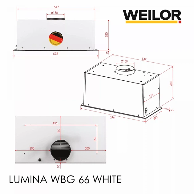 Полновстаиваемая вытяжка WEILOR LUMINA WBG 66 WHITE, белая мощная, управление жестами, 59.8 см, 1000 куб.м. - изображение 9