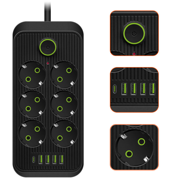 Мережевий фільтр-подовжувач QL-1075u 6 розеток 4-USB 1-Type-C чорний - Фото 3 Мережевий фільтр-подовжувач QL-1075u 6 розеток 4-USB 1-Type-C чорний - зображення 3