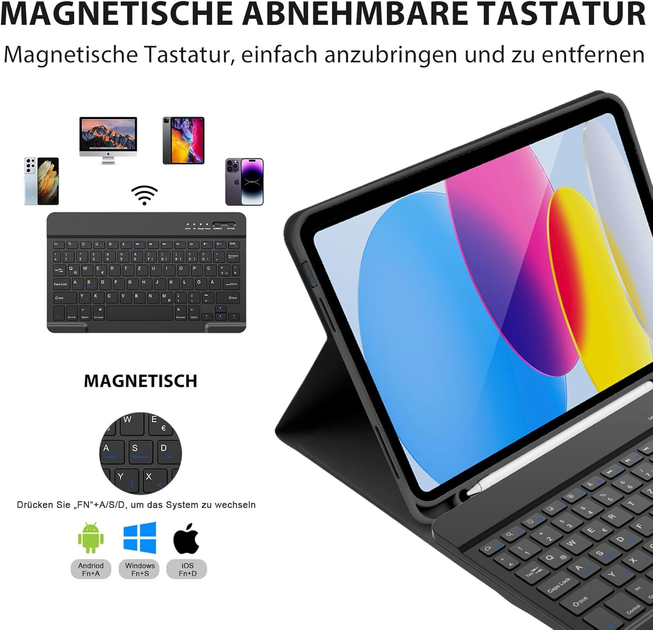 Чехол-клавиатура для iPad 10-го поколения 10.9 дюймов 2022 года, с Bluetooth клавиатурой, с держателем для стилус для iPad 10-го - Фото 4 Чехол-клавиатура для iPad 10-го поколения 10.9 дюймов 2022 года, с Bluetooth клавиатурой, с держателем для стилус для iPad 10-го - изображение 4