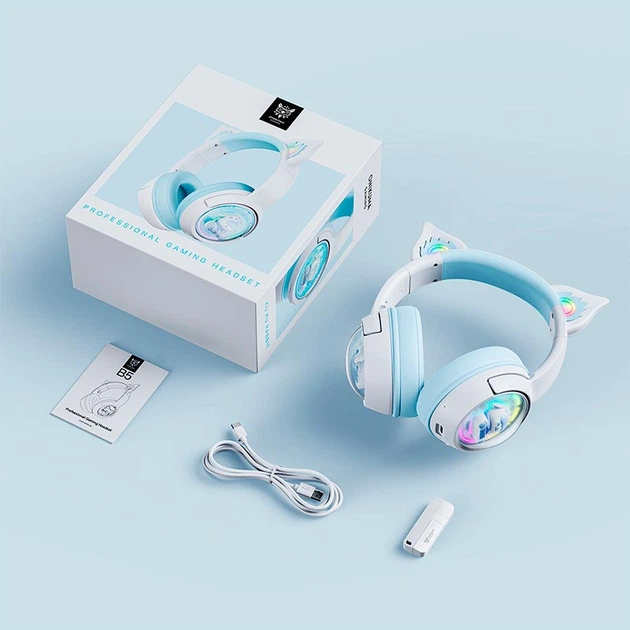 Бездротові ігрові навушники з RGB-підсвічуванням Onikuma B5 Bluetooth 5.3/2.4G/Type-C White/Blue (26850) - Фото 7 Бездротові ігрові навушники з RGB-підсвічуванням Onikuma B5 Bluetooth 5.3/2.4G/Type-C White/Blue (26850) - зображення 7