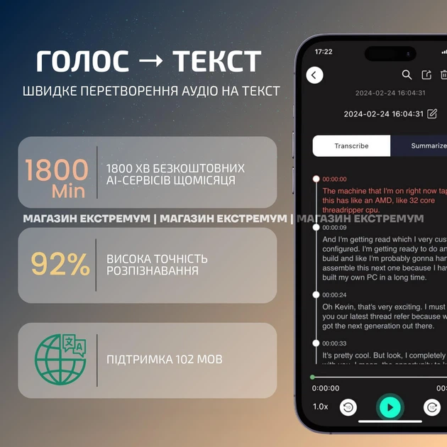 Розумний диктофон FoCase Rec AI Voice Recorder 64GB з активацією голосом, ШІ-транскрипцією, перекладом та аналізом GPT-4o - зображення 6