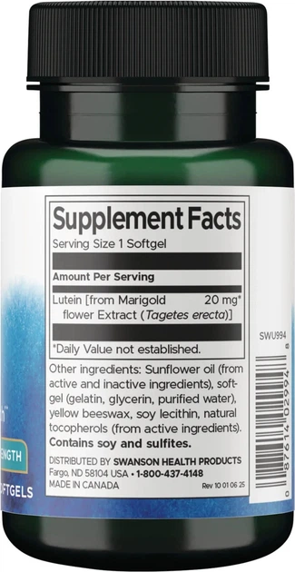 Дієтична добавка Swanson Лютеїн - Higher Strength 20 мг 60 капсул (87614029931) - зображення 2