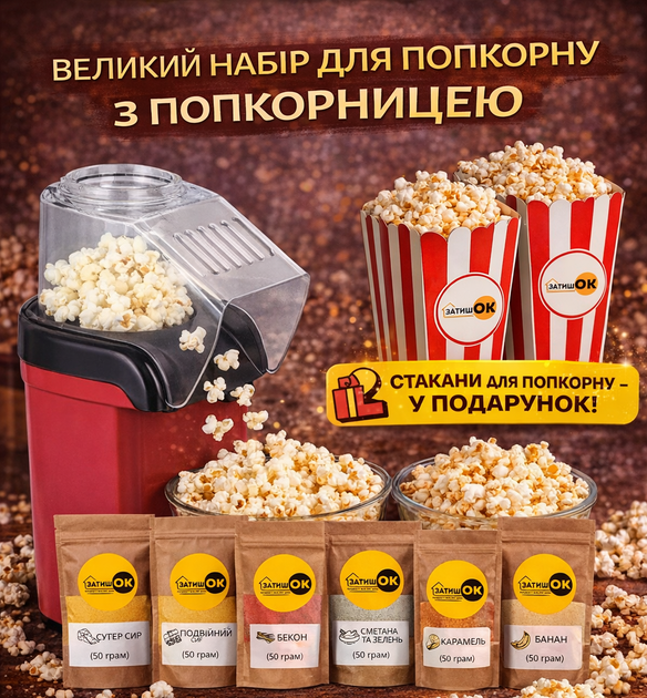 Набір для попкорну “Большой” ЗатишОК попкорниця кукуруза 2 кг 6 приправ супер сир подвійний сир бекон сметана і зелень карамель банан і стаканчики для попкорну в подарунок - зображення 5