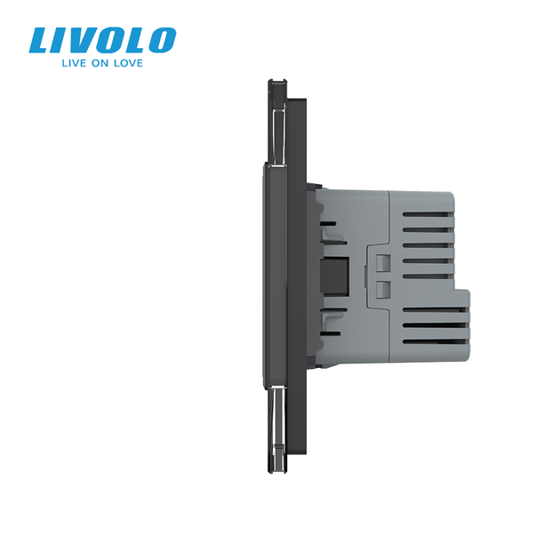 Подвійний сенсорний вимикач з двома розетками та USB Type-C 18 Вт, заземленя, шторки LIVOLO чорний скло - Фото 2 Подвійний сенсорний вимикач з двома розетками та USB Type-C 18 Вт, заземленя, шторки LIVOLO чорний скло - зображення 2