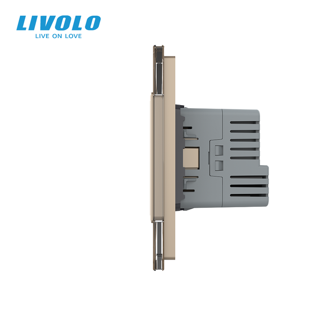 Сенсорний димер LIVOLO з двома розетками з USB Type-C 18Вт, золотий, скло, 16A 230V, із заземленням, шторки - зображення 2