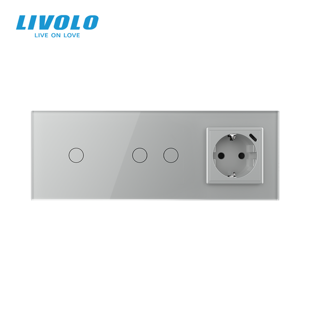 Розумний сенсорний вимикач 3 сенсори (1-2) з розеткою з USB Type-C 18 Вт, заземлення, LIVOLO сірий скло - Фото 3 Розумний сенсорний вимикач 3 сенсори (1-2) з розеткою з USB Type-C 18 Вт, заземлення, LIVOLO сірий скло - зображення 3