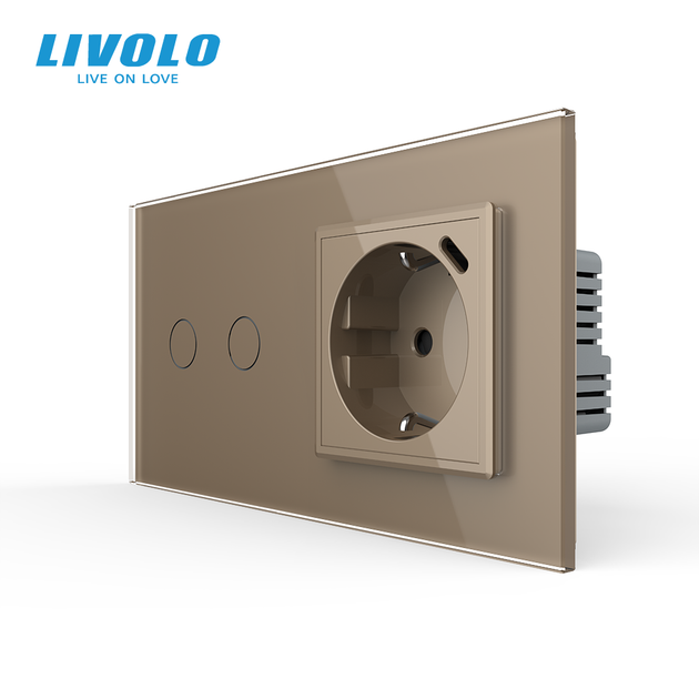 Сенсорний подвійний прохідний вимикач LIVOLO з розеткою та USB Type-C 18Вт, золотий, скло, із заземленням - Фото 1 Сенсорний подвійний прохідний вимикач LIVOLO з розеткою та USB Type-C 18Вт, золотий, скло, із заземленням - зображення 1