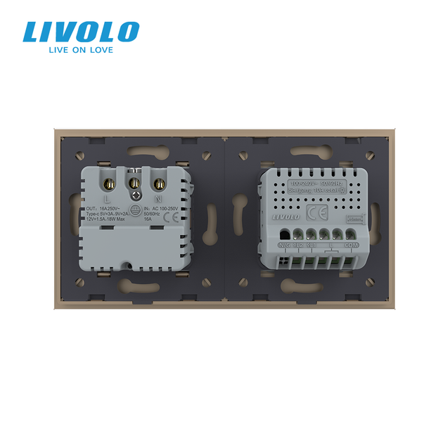 Сенсорний подвійний прохідний вимикач LIVOLO з розеткою та USB Type-C 18Вт, золотий, скло, із заземленням - Фото 4 Сенсорний подвійний прохідний вимикач LIVOLO з розеткою та USB Type-C 18Вт, золотий, скло, із заземленням - зображення 4