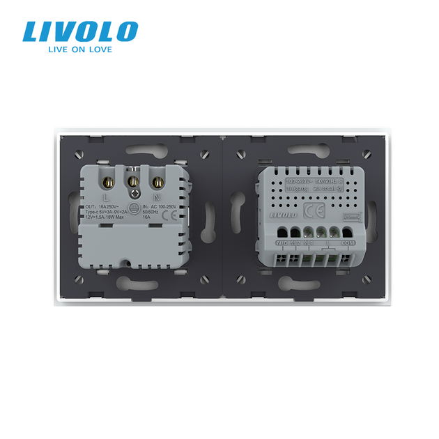 Сенсорний димер з розеткою USB Type-C 18Вт LIVOLO 16А 230В, із заземленням, шторки, білий, скло - зображення 4