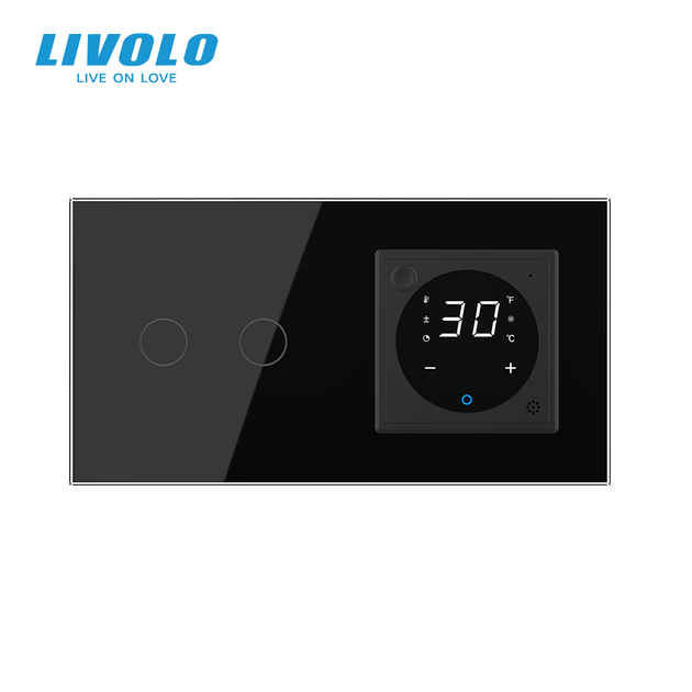 Умный терморегулятор LIVOLO с управлением с телефона, двойной проходной выключатель, черный, стеклянная рамка - изображение 2