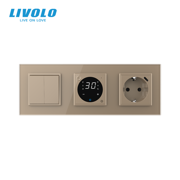 Терморегулятор для теплого пола LIVOLO с 2-клавишным выключателем и розеткой USB Type-C 18 Вт, золото, стекло - изображение 3