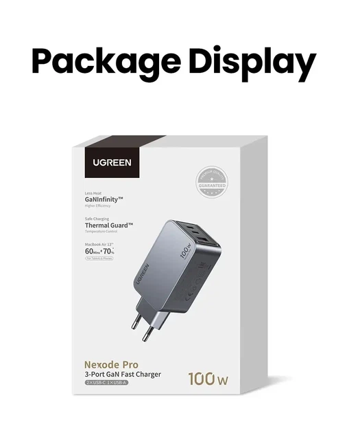 Мережевий зарядний пристрій UGREEN Nexode Pro 100W GaN, USB-C, PD, QC 4.0, 3 порти, швидке заряджання для ноутбука та смартфона - зображення 8