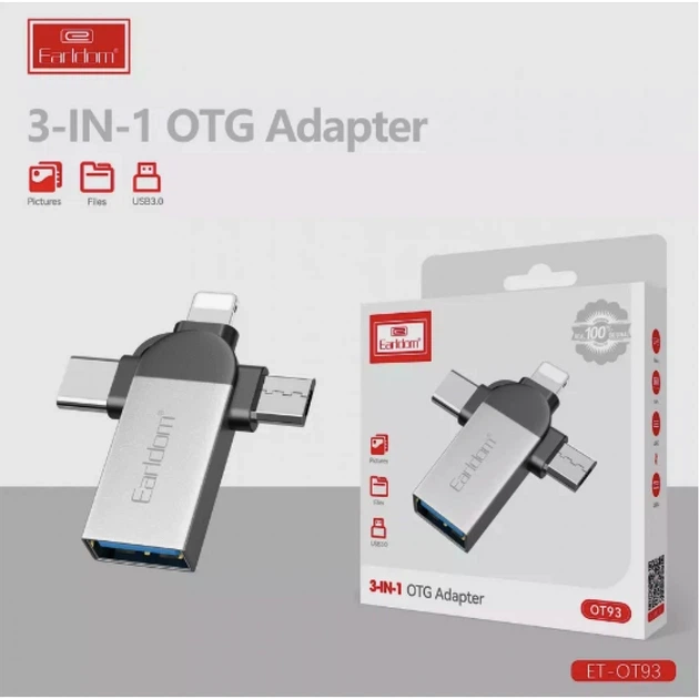 Adapter OTG USB3.0 To Micro USB, Lightning, USB C — Earldom ET-OT93 — Grey (778371) - Фото 6 Adapter OTG USB3.0 To Micro USB, Lightning, USB C — Earldom ET-OT93 — Grey (778371) - изображение 6