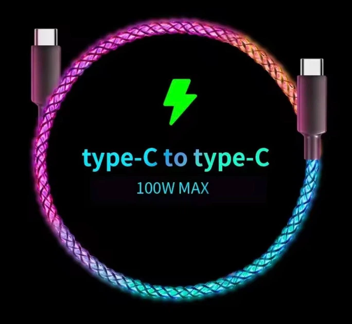 Кабель с RGB подсветкой для зарядки телефона Type-C + Type-C 100W 6A PD Fast Charge быстрая зарядка и передача данных для MacBook Samsung Xiaomi планшета 1м - изображение 3