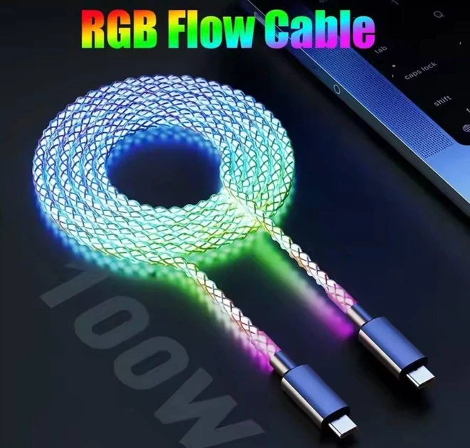 Кабель с RGB подсветкой для зарядки телефона Type-C + Type-C 100W 6A PD Fast Charge быстрая зарядка и передача данных для MacBook Samsung Xiaomi планшета 1м - изображение 4