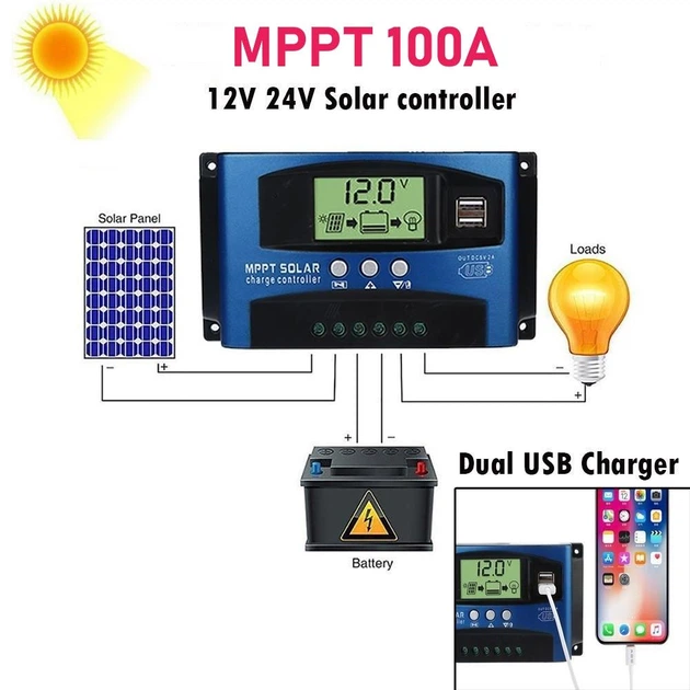 Контролер заряду сонячної батареї MPPT 100А 12/24 В дисплей та USB - зображення 2
