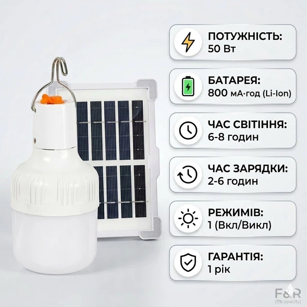 Сонячний ліхтар 50W портативний LED з сонячною панеллю та SOS, підвісний аварійний ліхтар для дому, дачі, кемпінгу, риболовлі - зображення 2