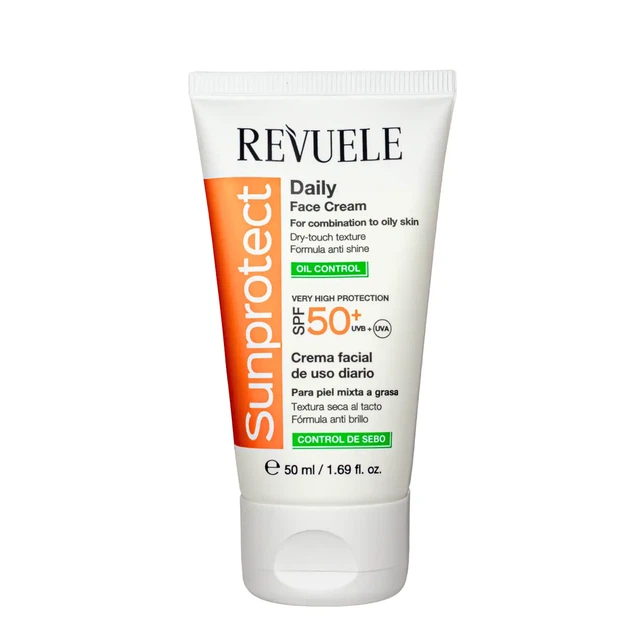 Сонцезахисний крем для обличчя SPF 50+ для жирної шкіри Revuele UVA/UVB 50 мл - Фото 1 Сонцезахисний крем для обличчя SPF 50+ для жирної шкіри Revuele UVA/UVB 50 мл - зображення 1