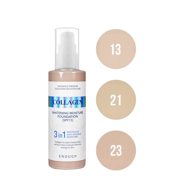 Тональный крем для лица осветляющий Enough 3 в 1 Сollagen Moisture Foundation SPF 15 100 мл, № 21 Песочно-бежевый - Фото 7 Тональный крем для лица осветляющий Enough 3 в 1 Сollagen Moisture Foundation SPF 15 100 мл, № 21 Песочно-бежевый - изображение 7