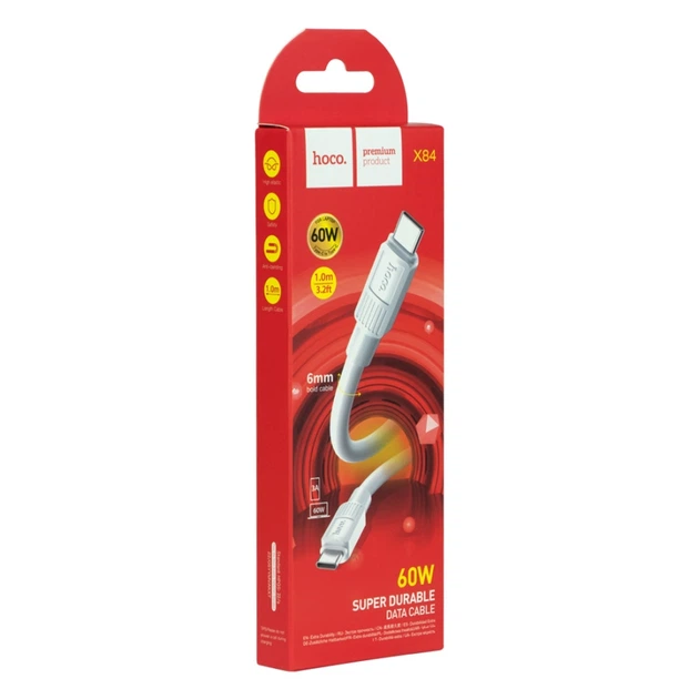 Кабель USB Hoco X84 Type-C to Type-C 60W 10мм, 1м, PVC матеріал, підтримка 60W - Фото 2 Кабель USB Hoco X84 Type-C to Type-C 60W 10мм, 1м, PVC матеріал, підтримка 60W - зображення 2