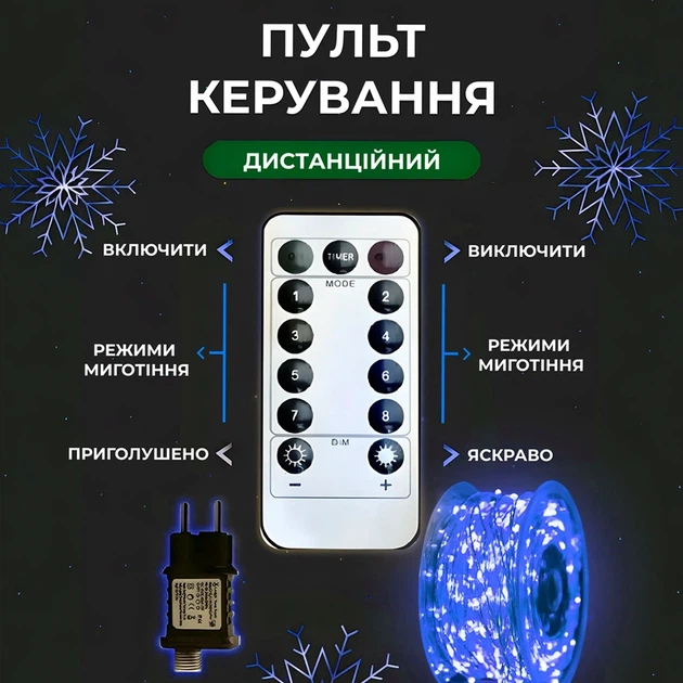 Гирлянда роса 200 метров 2000 LED на пульте управления для окон и стен белый провод синий цвет - изображение 2