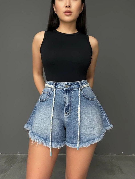 Шорты женские джинсовые Vanver 2016 с камнями короткие расклешенные с бахромой 25 голубые - изображение 6