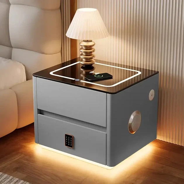 Смарт-тумба QYJXF02 (47х39х48 см) з екошкіри з LED-підсвіткою, USB, датчик руху, бездротова зарядка, Bluetooth-аудіо, Сіра - Фото 4 Смарт-тумба QYJXF02 (47х39х48 см) з екошкіри з LED-підсвіткою, USB, датчик руху, бездротова зарядка, Bluetooth-аудіо, Сіра - зображення 4