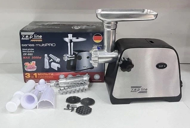 М’ясорубка електрична Zepline ZP-002 3000 Вт з реверсом соковижималкою 3 решітки насадка для ковбас кеббе шнекова побутова для дому - Фото 1 М’ясорубка електрична Zepline ZP-002 3000 Вт з реверсом соковижималкою 3 решітки насадка для ковбас кеббе шнекова побутова для дому - изображение 1