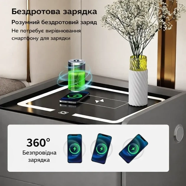 Смарт-тумба YJXF01 (50х40х47см) з екошкіри з LED-підсвіткою, USB, датчик руху, бездротова зарядка, Bluetooth-аудіо, Сіра - Фото 4 Смарт-тумба YJXF01 (50х40х47см) з екошкіри з LED-підсвіткою, USB, датчик руху, бездротова зарядка, Bluetooth-аудіо, Сіра - зображення 4